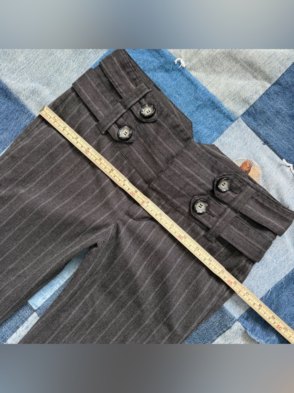 Y2K vanity flare grey striped trouser pants low rise wide belt button woven 5 - Picture 11 of 12